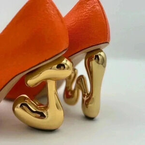 New, JW BUBBLE HEEL LEATHER PUMPS Orange Color Size 38